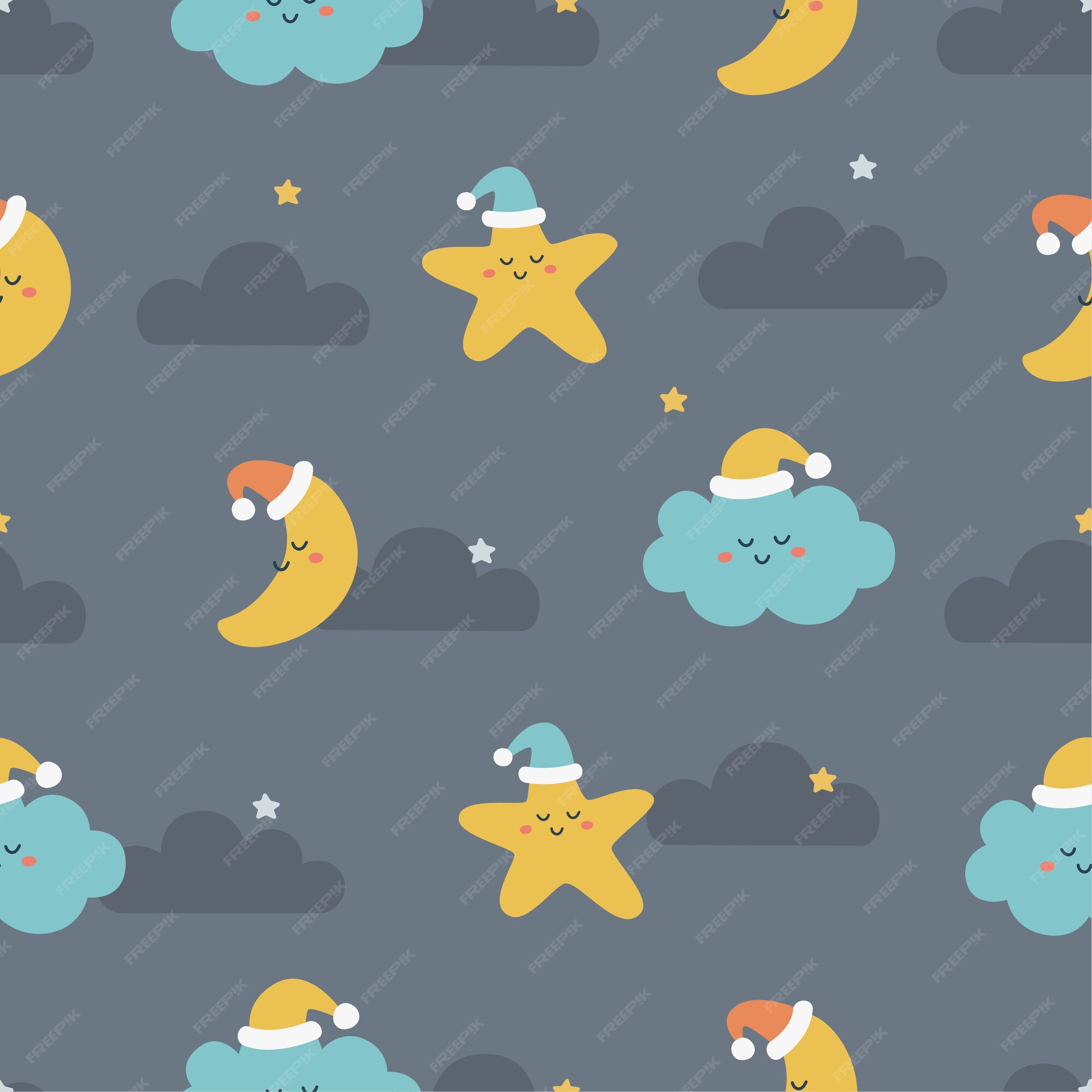 Premium Vector | Seamless pattern stars, moon and clouds. kawaii ...