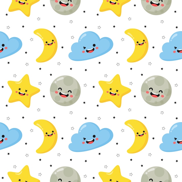 Seamless pattern stars, moon and clouds. kawaii wallpaper on white background.