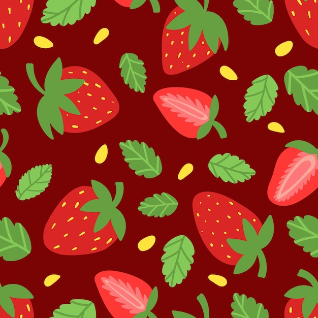 seamless pattern strawberries with leaves