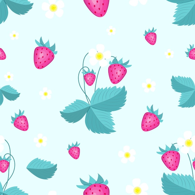 Seamless pattern of strawberry and leaves flat vector illustration