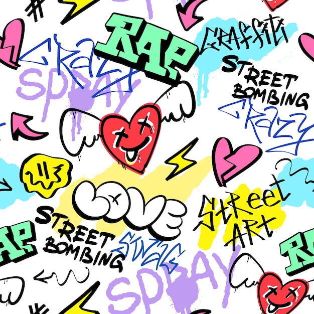 Seamless pattern street graffiti lettering elements in the grunge style with tags drips and blobs