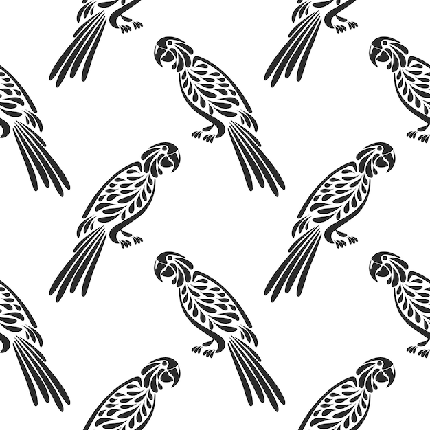 Disegno senza cuciture uccelli tropicali stilizzati pappagalli su sfondo bianco stampa in bianco e nero