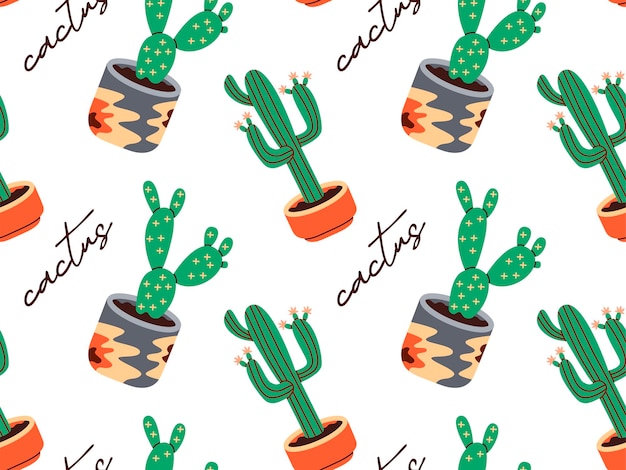 Modello senza cuciture di piante grasse di varie forme piante in vaso cactus in vaso cactus in fiore piante domestiche popolari illustrazione vettoriale piatta