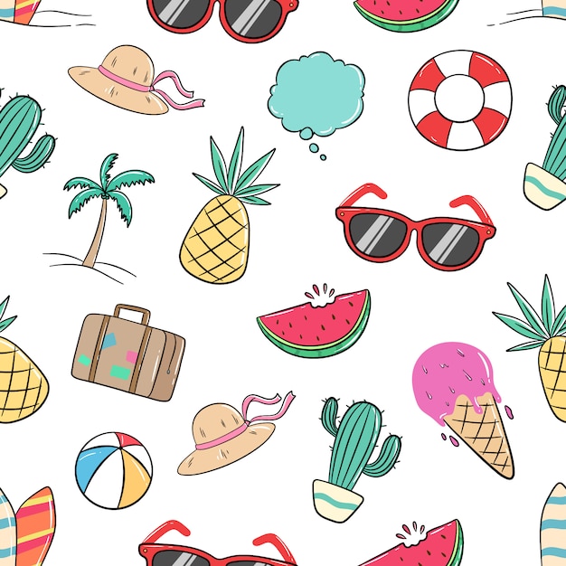 seamless pattern of summer elements with colored doodle style