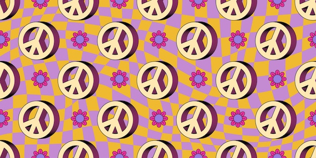 Vector seamless pattern summer groovy 70s with hippie style