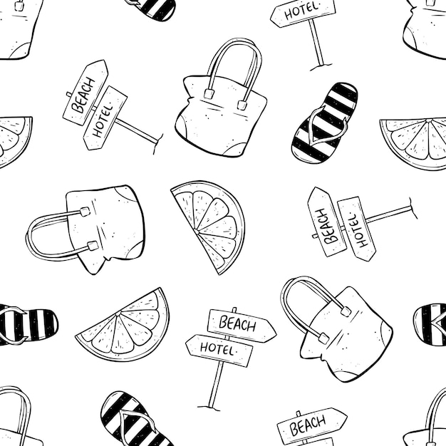 Seamless pattern of summer hand drawn elements with sign board women bag slipper and lemon