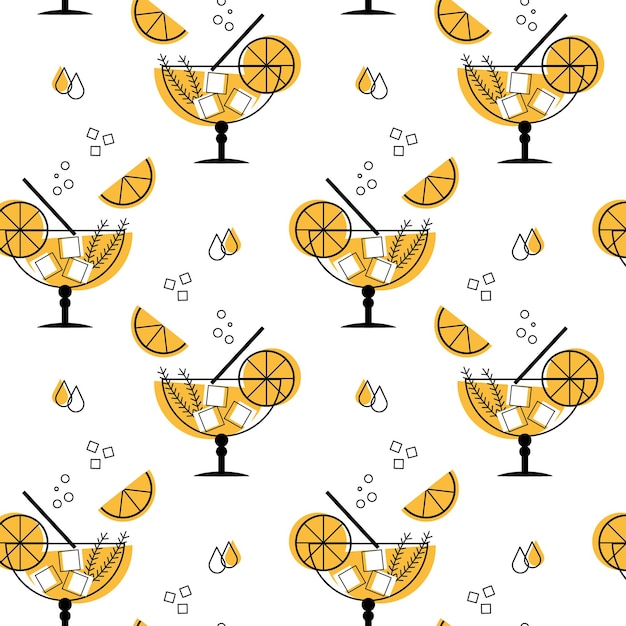Vector seamless pattern summer refreshing cocktails with orange slices and ice in a glass print textile