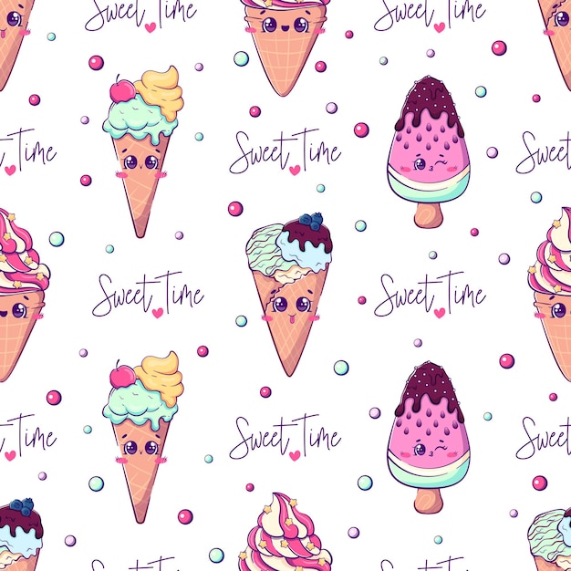 Vector seamless pattern for summer textile with cute cartoon doodle kawaii ice cream and sweets time lettering