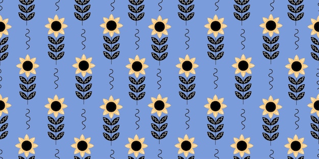 벡터 질없는 패턴 태양꽃 노란색과 파란색 우크라이나 꽃 보호 민속 꽃 꽃 패턴 타일