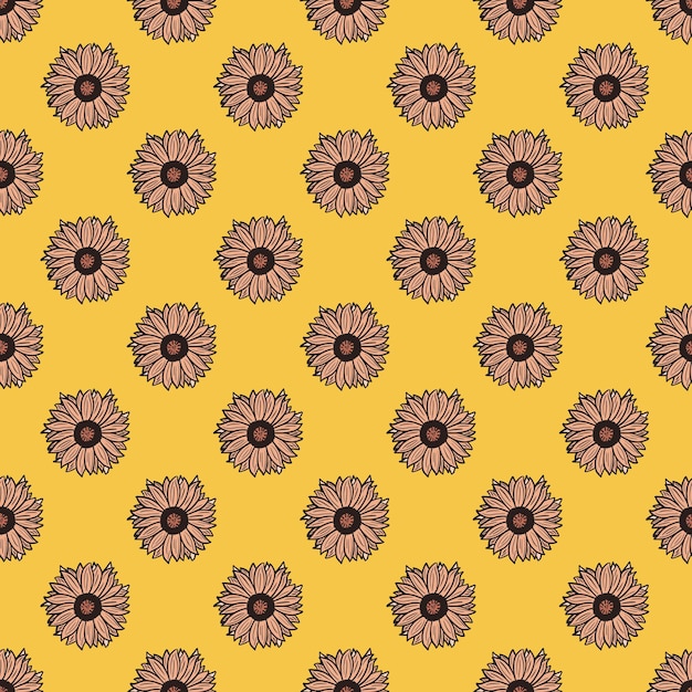 Seamless pattern sunflowers on yellow background. beautiful texture with sunflower and leaves.