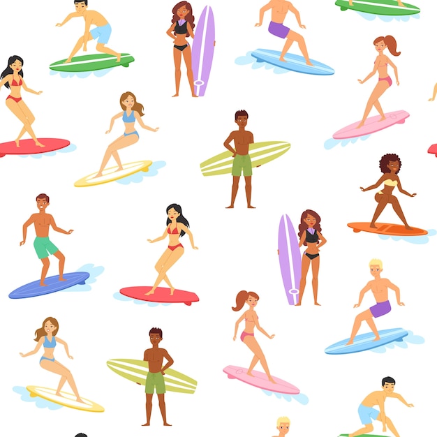 Vettore seamless pattern surf, sport board, mare vacanze, sfondo estremo, onda all'aperto, illustrazione. giovani, attività attiva, ornamento ripetuto, vacanze in eccesso.