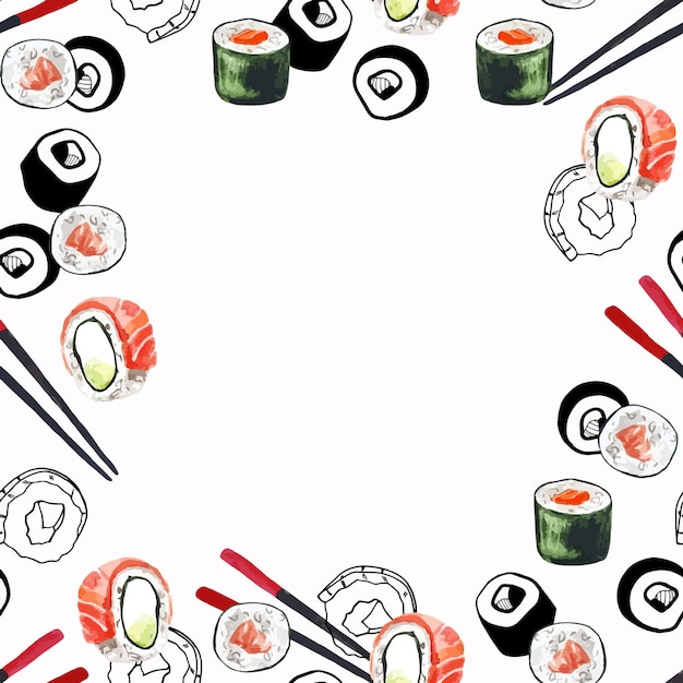 Modello senza cuciture cornice sushi acquerello e doodle illustrazione per tessile, tessuto