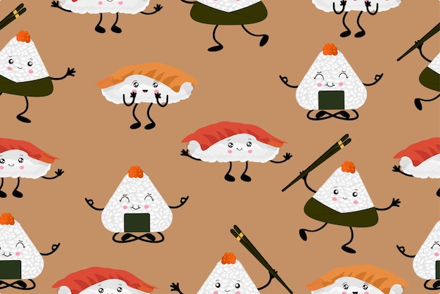 Seamless pattern of sushi and onigiri Diverse Asian cuisine with kawaii emotions Vector illustration in cartoon style Vector illustration