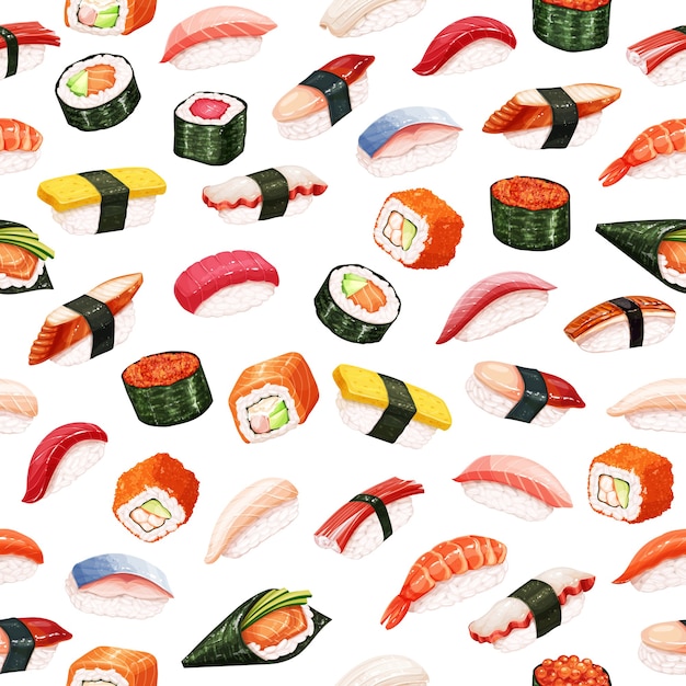 Seamless pattern sushi rolls. Japanese food