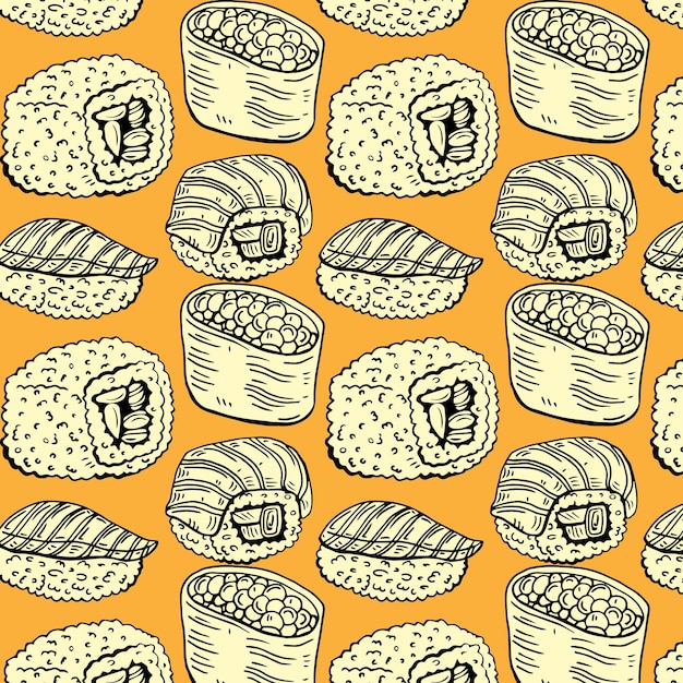 seamless pattern of sushi and rolls on an orange background.