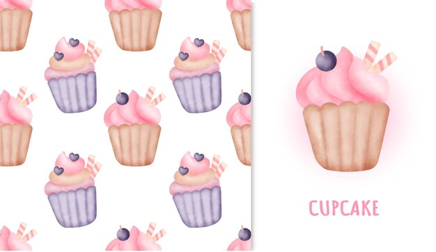 Seamless pattern sweet cupcake and greeting card in watercolor