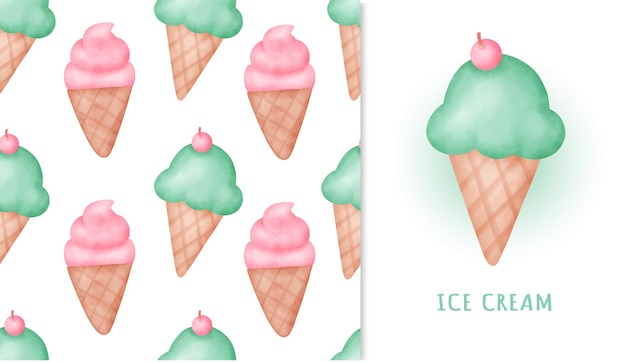 Seamless pattern sweet ice cream and greeting card in watercolor