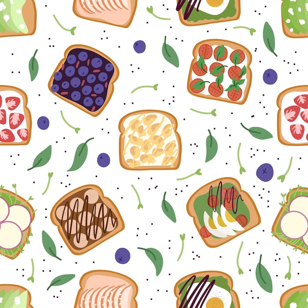 Seamless pattern of sweet and salty toast with various berries,salmon,avocado,eggs.