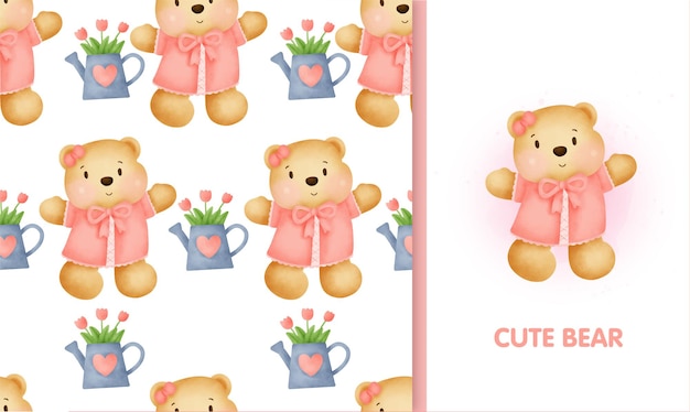 Seamless pattern sweet teddy bear and greeting card