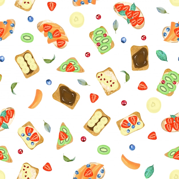 Seamless pattern of sweet toasts with different ingredients