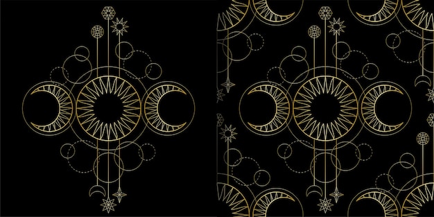 Seamless pattern and t shirt print set with triple moon magic and tattoo symbol