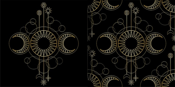 Vector seamless pattern and t shirt print set with triple moon magic and tattoo symbol