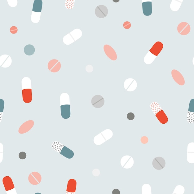 Бесшовный рисунок таблеток и пилюль. Лекарства или пищевые добавки.