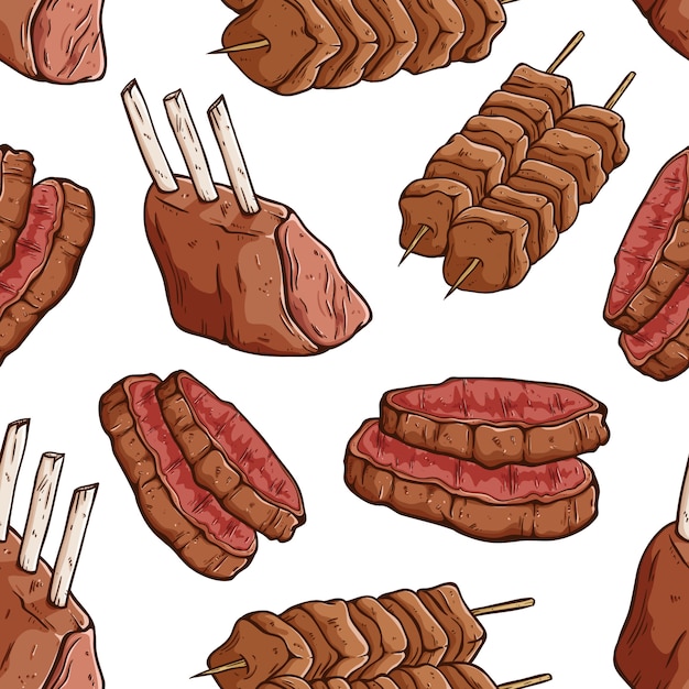 Vector seamless pattern of tasty meat steak with colored doodle or sketch style