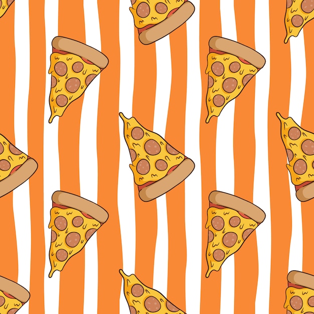 Seamless pattern of tasty pizza with colored doodle style