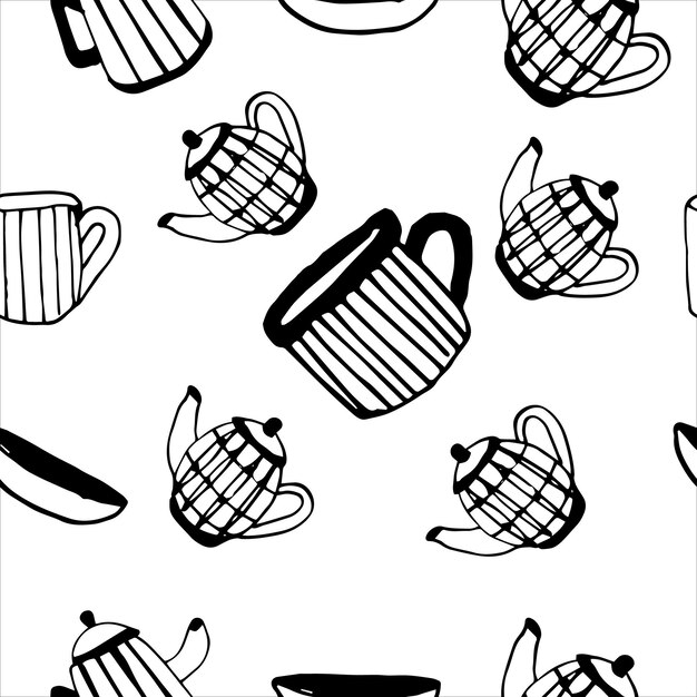 Seamless pattern tea set on a white background