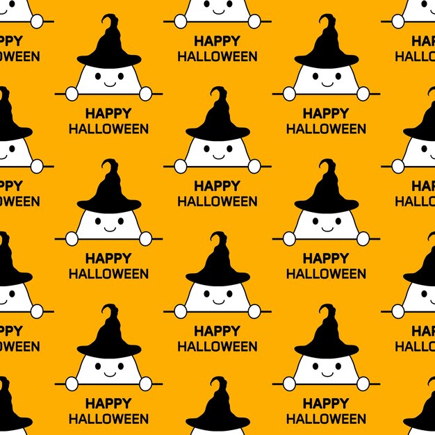 Vector seamless pattern text happy halloween with cute baby ghost.