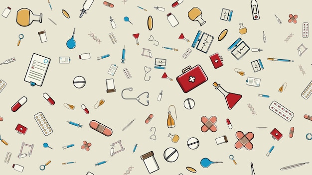 Seamless pattern texture of medicine items icons pricks pills pipettes stethoscopes tools doctor