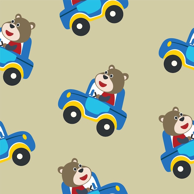 Seamless pattern texture with funny tiger driving car in the road on sunny day