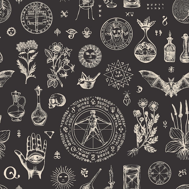 seamless pattern on the theme of alchemy and healing