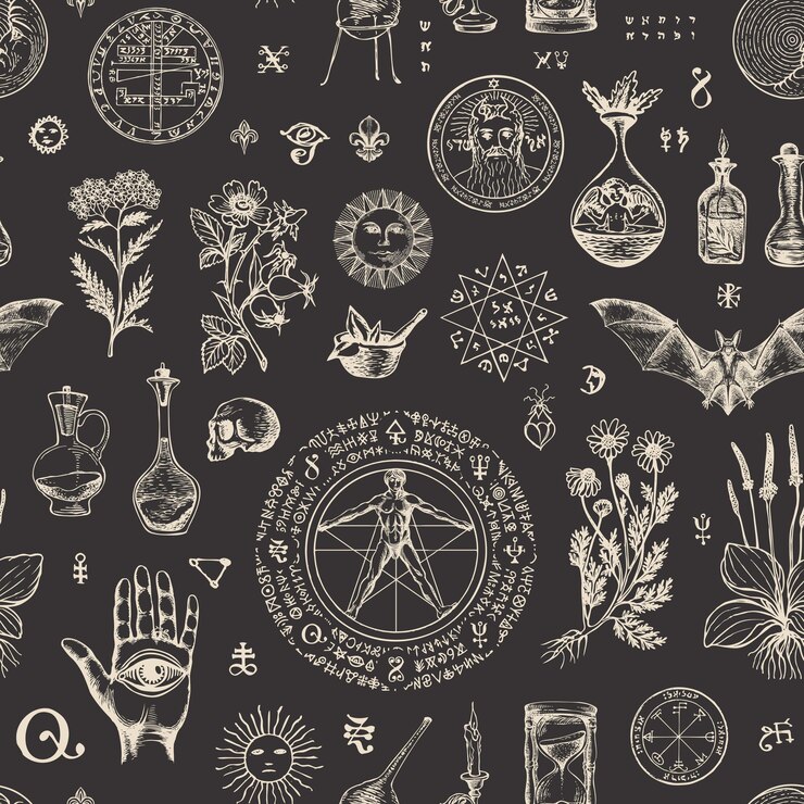 Vector seamless pattern on the theme of alchemy and healing