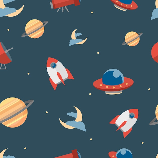 Seamless pattern on the theme of space Moon rocket telescope planet