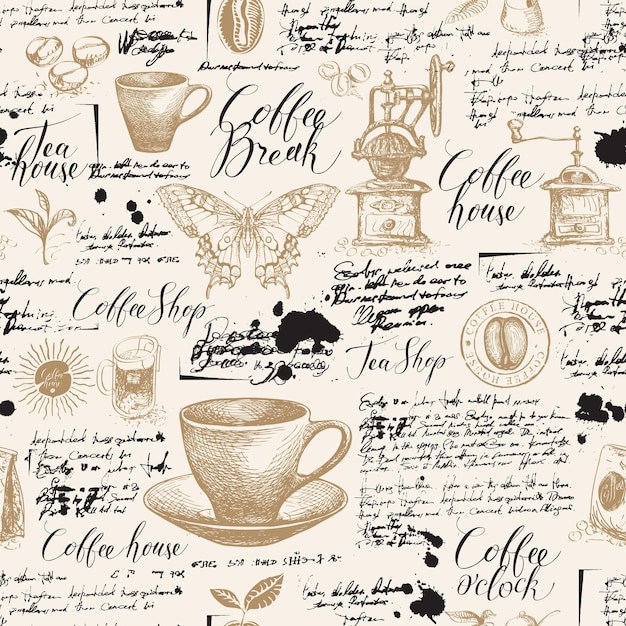 Seamless pattern on the theme of tea and coffee