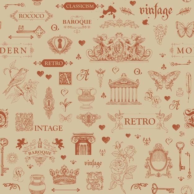 seamless pattern on theme of vintage art objects