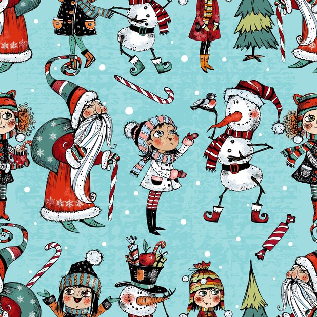 Vector seamless pattern on the theme of winter and christmas cheerful santa with children vector