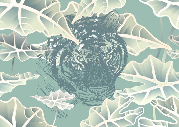 Беспрерывный рисунок тигр и тропическая листья