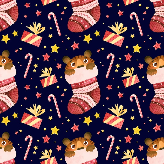 Seamless pattern tiger cub hiding in christmas stocking cute playful character winter background