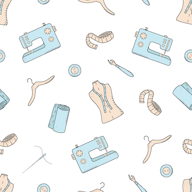 Seamless pattern tools for sewing and needlework Doodle icon set tailoring vector illustration