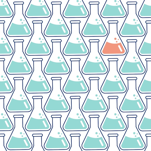 Vector seamless pattern on the topic of chemistry with flasks test tubes molecules