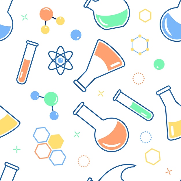 Seamless pattern on the topic of chemistry with flasks test tubes molecules