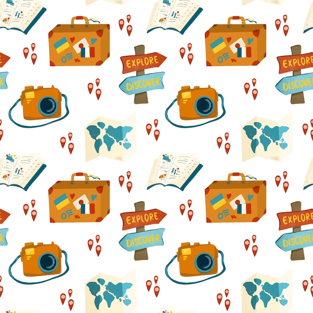 Seamless pattern of travel and adventure elements (camera, map, travel planner and pointers)