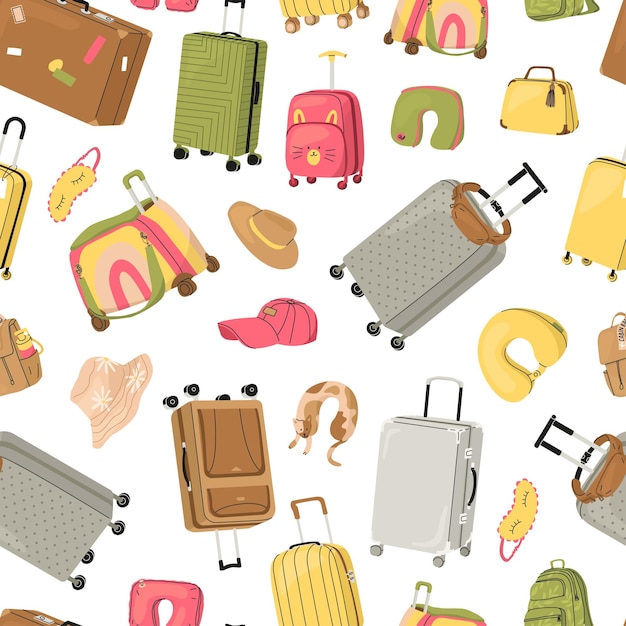 Seamless pattern of travel items Different shapes and colors suitcases for adults and children Airplane pillows and hats bags and backpack Vector illustration for paper or textile