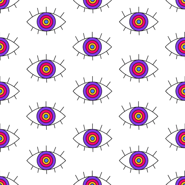 Vector seamless pattern in trendy 80s-90s style. colored cartoon eyes on a white, acid psychedelic.