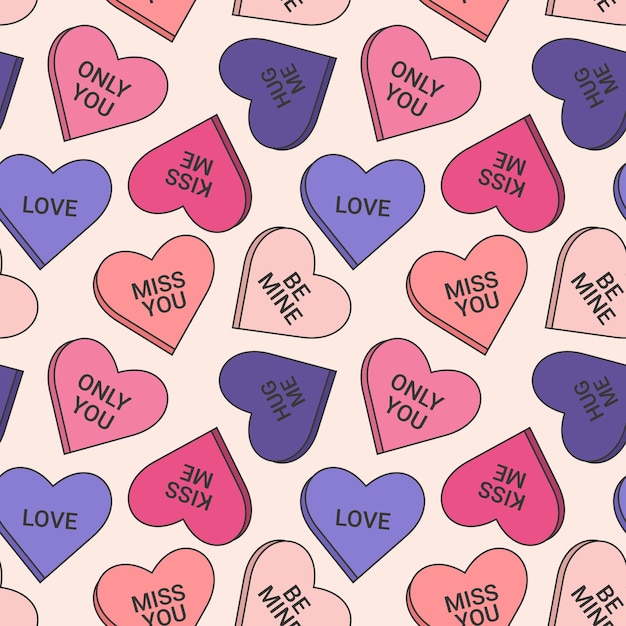 Seamless pattern in trendy retro groovy style With valentines day elements Candy hearts