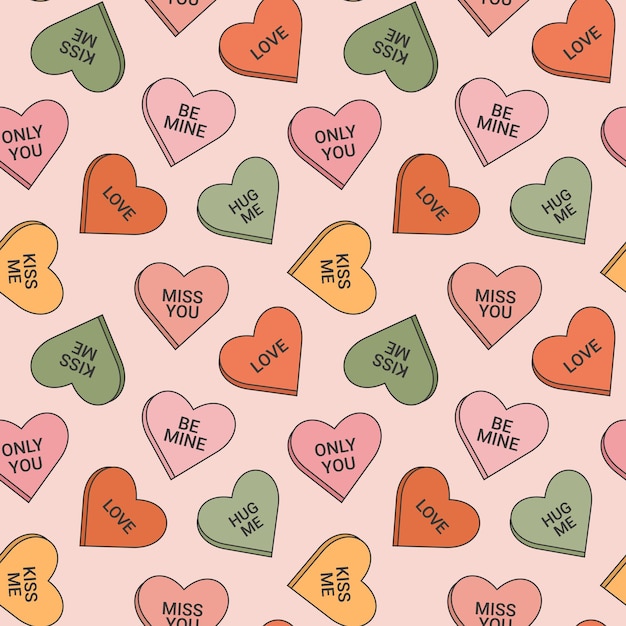 seamless pattern in trendy retro groovy style with valentines day elements candy hearts