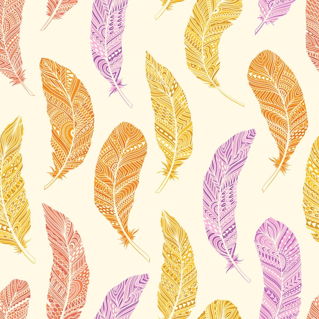 Seamless pattern tribal feathers decoration ethnic boho style hand drawing